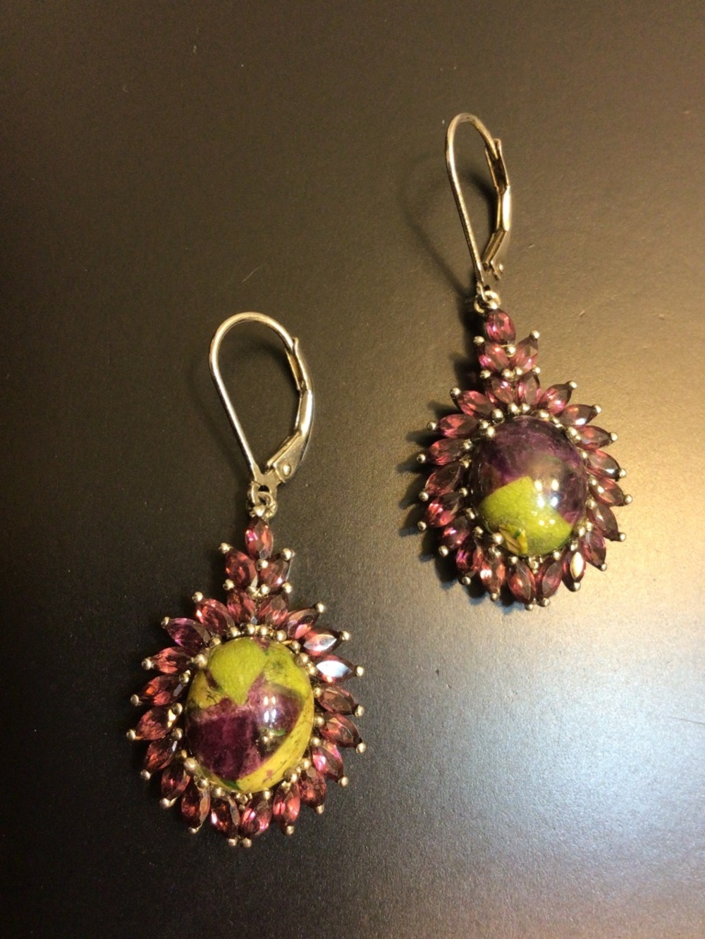 Sterling Silver 925 Atlantisite and Rhodolite Garnet Dangle Earrings